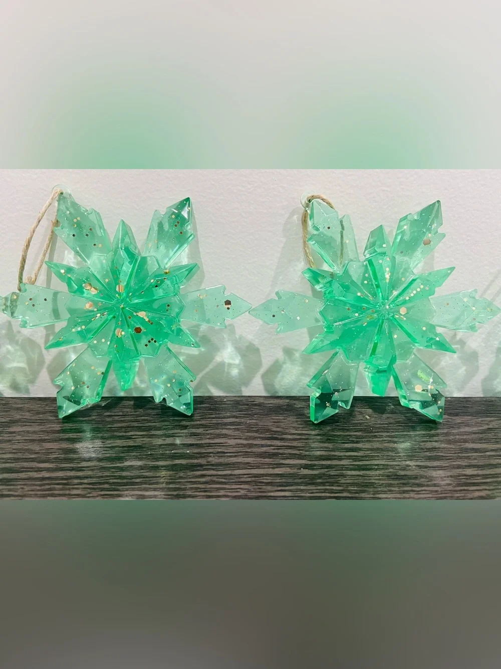 Handcrafted Epoxy Green With Glitter Accent Snowflake Holiday Ornaments -5